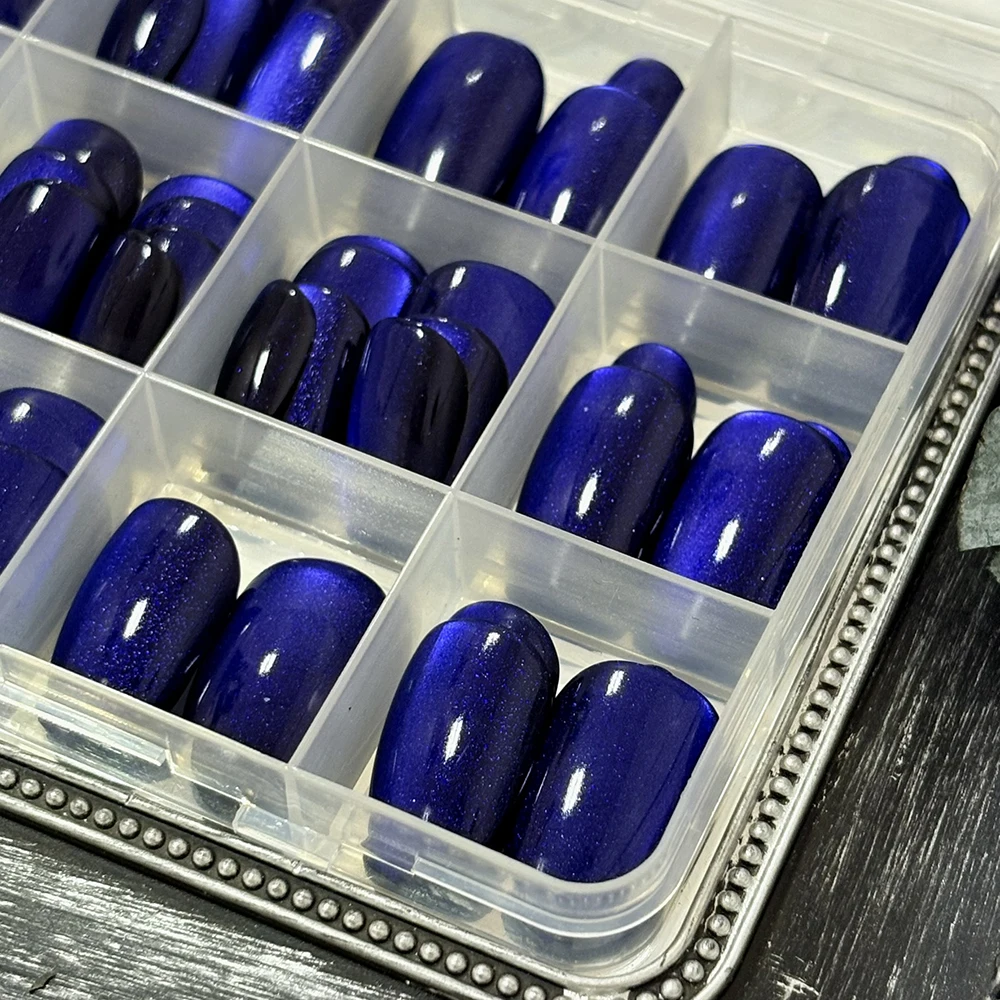 30/144Pcs Glossy Dark Blue Cat Eye False Nails Sparkly  Medium Oval Blue Press On Nails Artificial Full Cover Finger Fake Nails - view 4