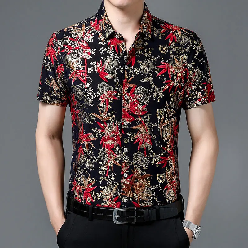 New Short-sleeved Men's Shirt in Summer Thin Floral Middle-aged Square Neck Casual Ice Silk Printing Trend Versatile Korean 2023