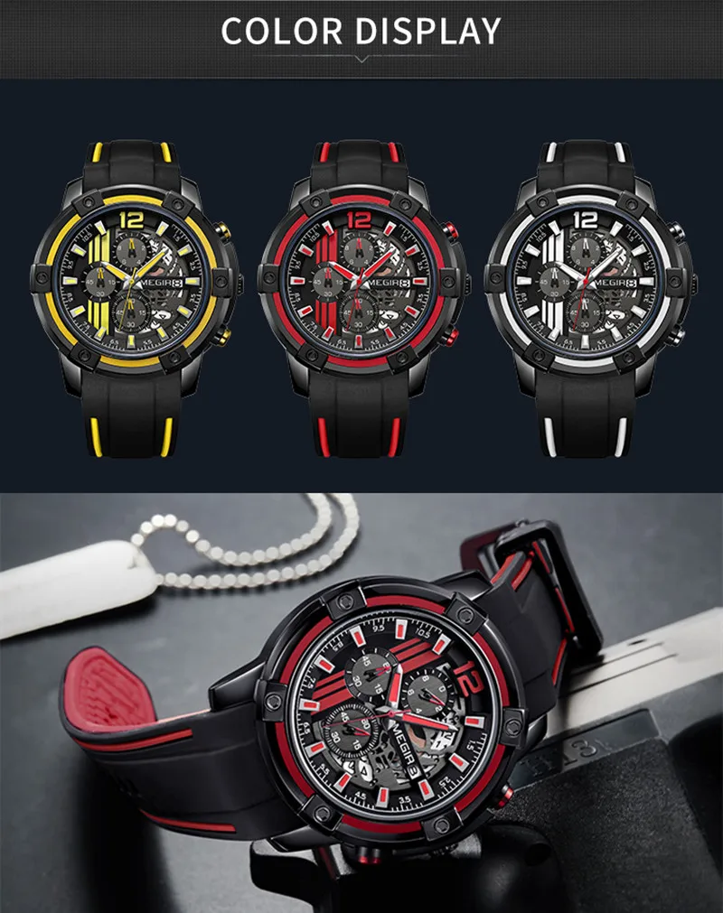 MEGIR Luxury Sport Quartz Watch Silicone Band Big Dial Military Wrist Watch Chronograph Waterproof Male Clock Relogio Masculino