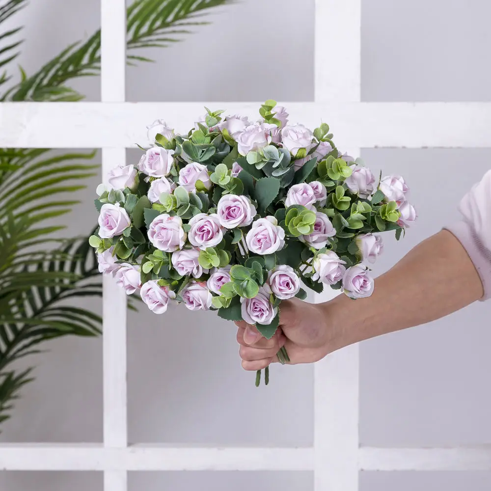 Decorative Artificial Eucalyptus Rose Bunch Silk Faux Plant For Indoor Home Garden Wedding Party Decoration