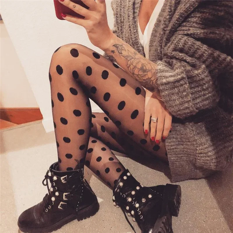 

Polka Dot Print Stocking Women Sexy Tights Fishnet Mesh Seamless Pantyhose Nylon Black White Nightclub Female Ladies Silk Tights
