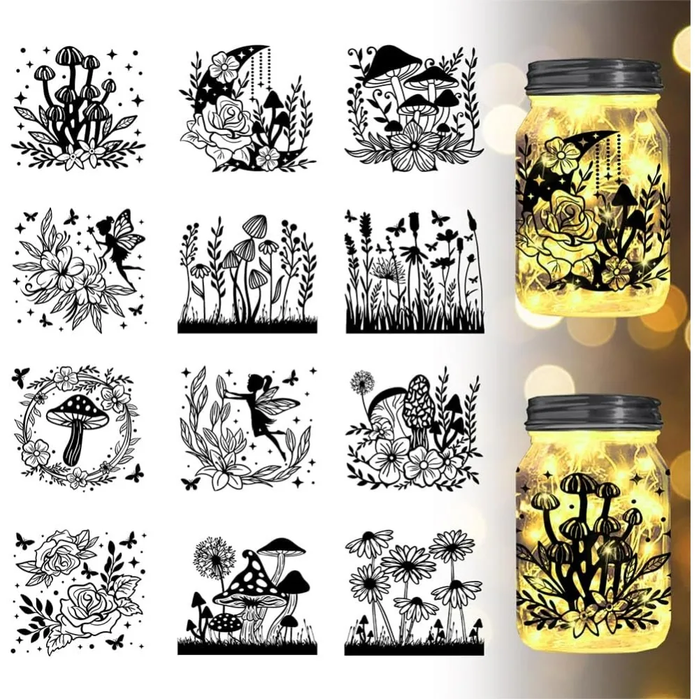 Mushroom Flower Jar Cutouts Lantern Jar Mushroom Flower Cutouts Jar Decor Lantern Silhouette Cutouts Window Lamp Clings