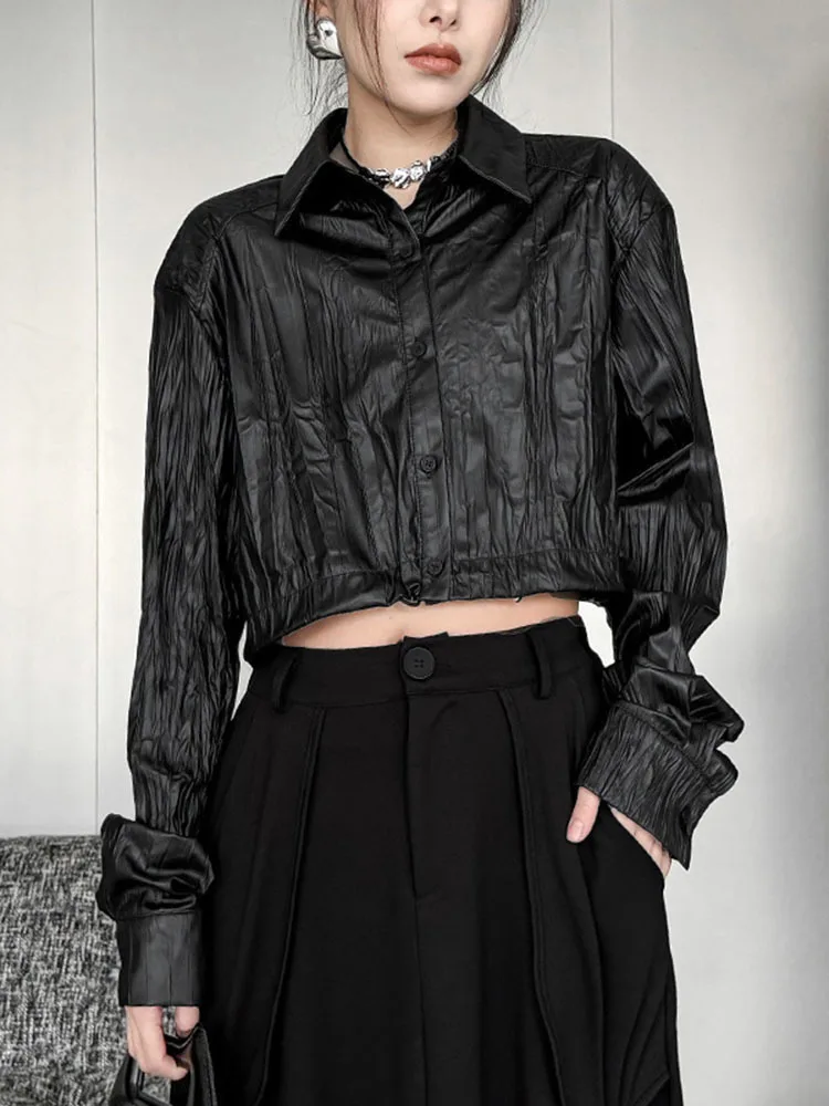 [EAM] Black Pleated Big Size Short PU Leather Jacket New Lapel Long Sleeve Women Coat Fashion Tide Spring Autumn 2024 1DH6874