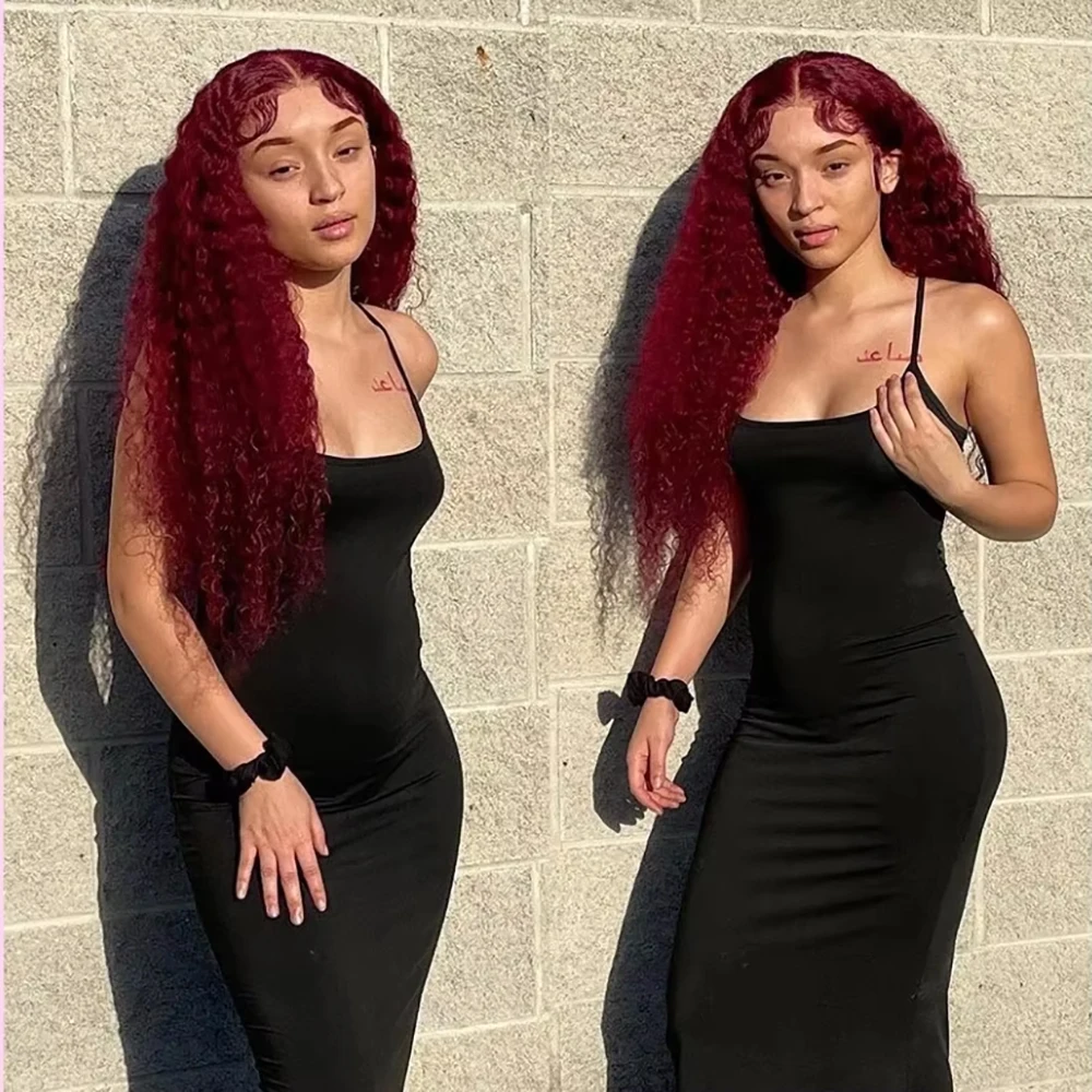 180 200 Density Burgundy Glueless 18 36 Inch Human Wigs Read to Go 99J Deep Wave Frontal Wig 13x4 13x6 Wine Red Colored Wig