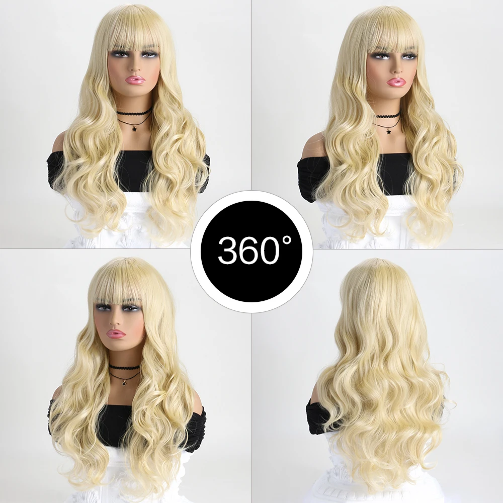 شعر مستعار اصطناعي طويل مموج للنساء، شعر مستعار مموج طبيعي مع غرة، شعر مستعار من الألياف المقاومة للحرارة لحفلات الهالوين اليومية
