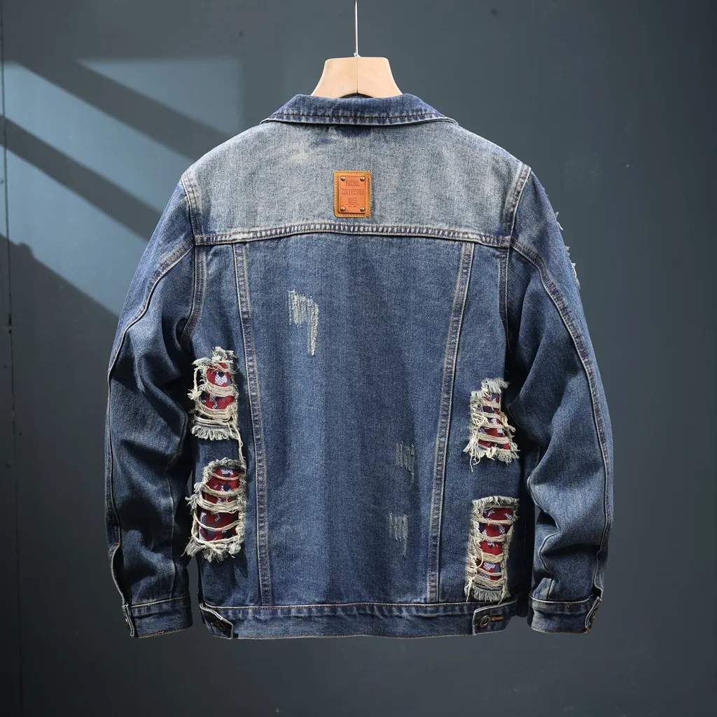 Spring And Autumn Ripped Denim Jacket Men's Heavy Industry American High Street Tide Tooling Jacket Boys Casual Top