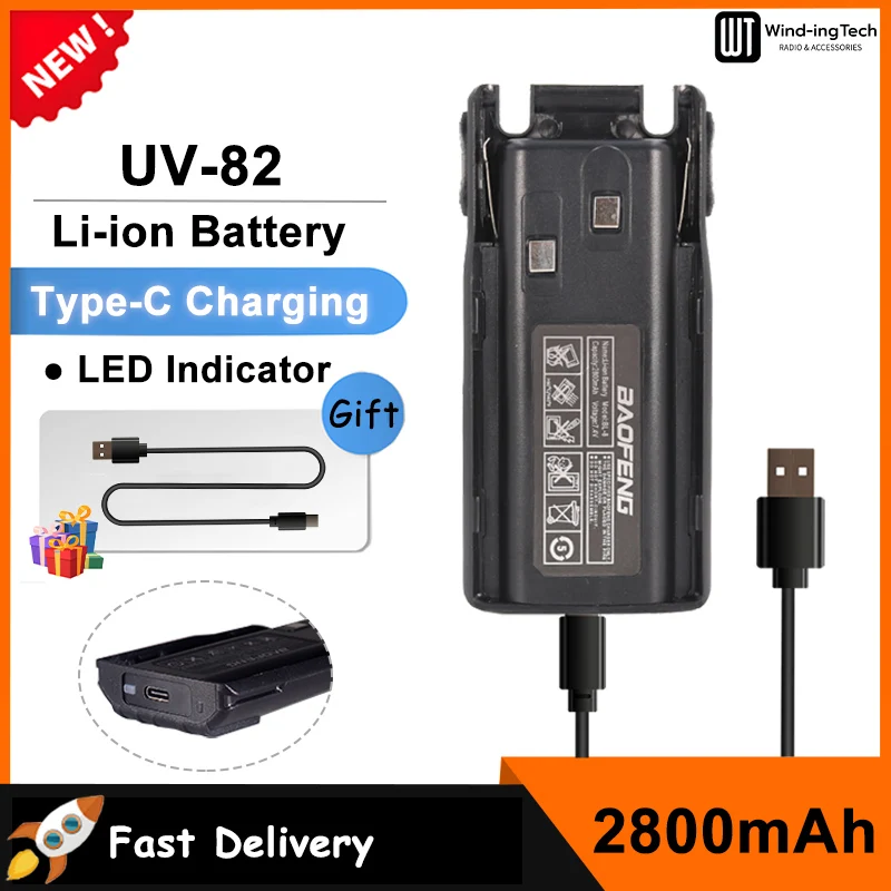 UV-82 Battery Original USB Type-C Charger Baofeng Walkie Talkie Li-ion Battery BL-8 For UV-8D UV-89 UV-82HP UV-82HX UV-82 Plus