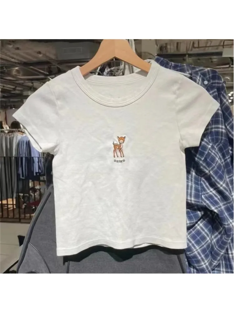 Casual Women Soft Cotton Deer Embroidery Tees 2023 Summer Vintage O Neck Short Sleeves Female Tops Chic