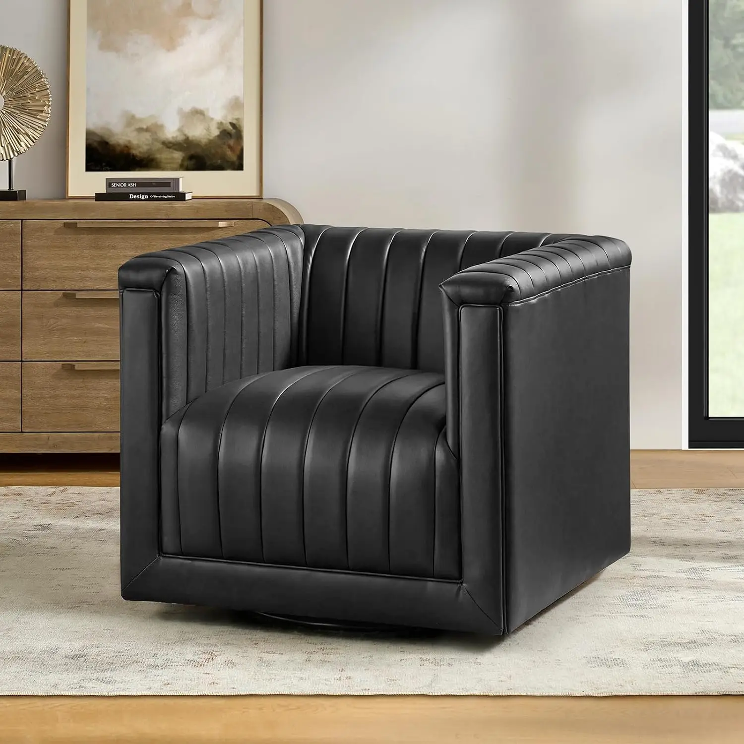 Swivel Barrel Accent Chair, 360 Degree PU Leather Round Arm Chair for Living Room & Bedroom, Black, Customized