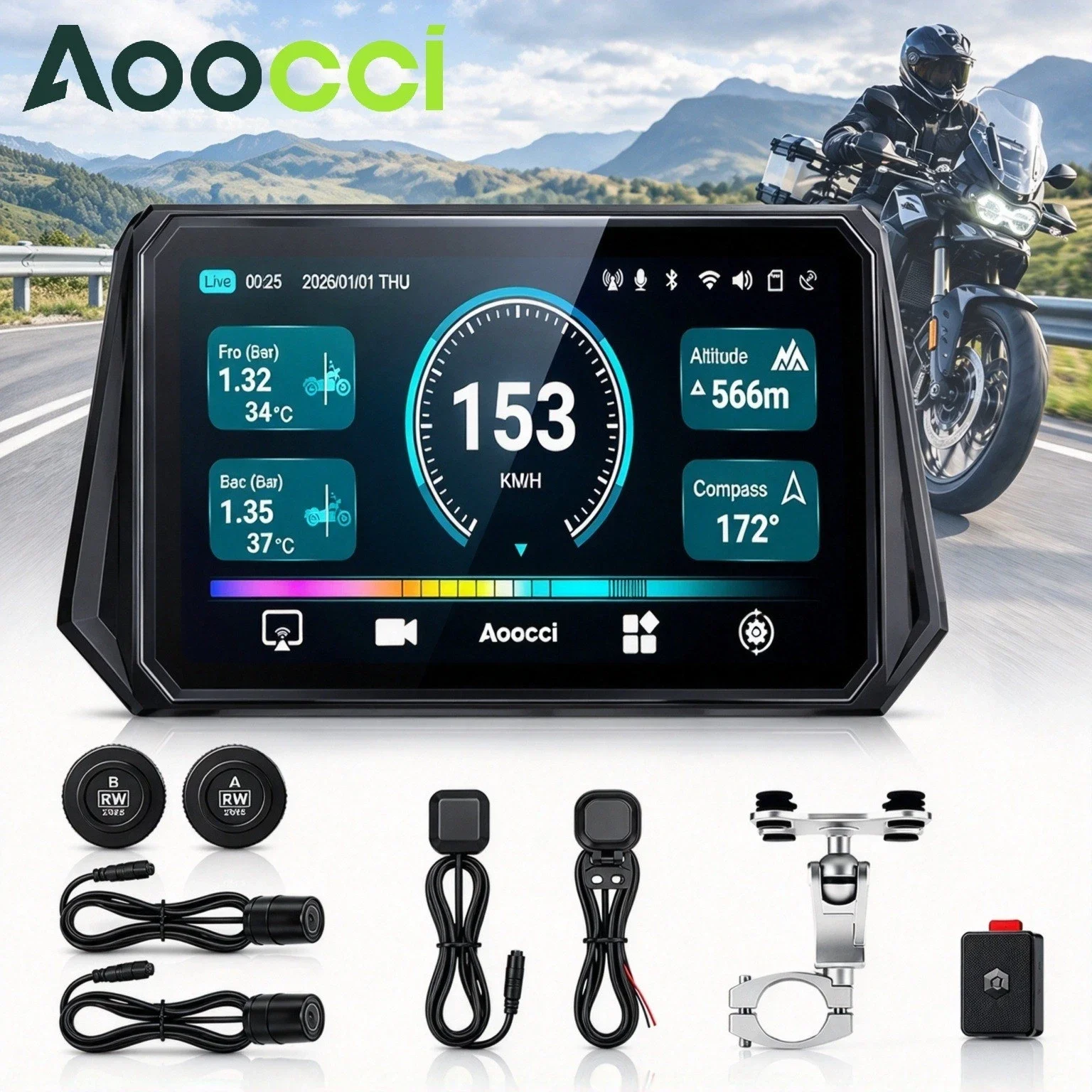 Aoocci D6A Blind Spot Safety System with 2K Dual Dashcam & Wireless CarPlay Motorcycle Smart Display GPS Navigation Android Auto