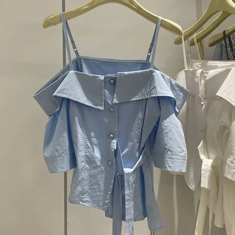 

Women Clothing Summer Fashion Korean Solid Color Slash Neck Ladies Simplicity Trend Button Cotton Sling Short Sleeve Loose Tops