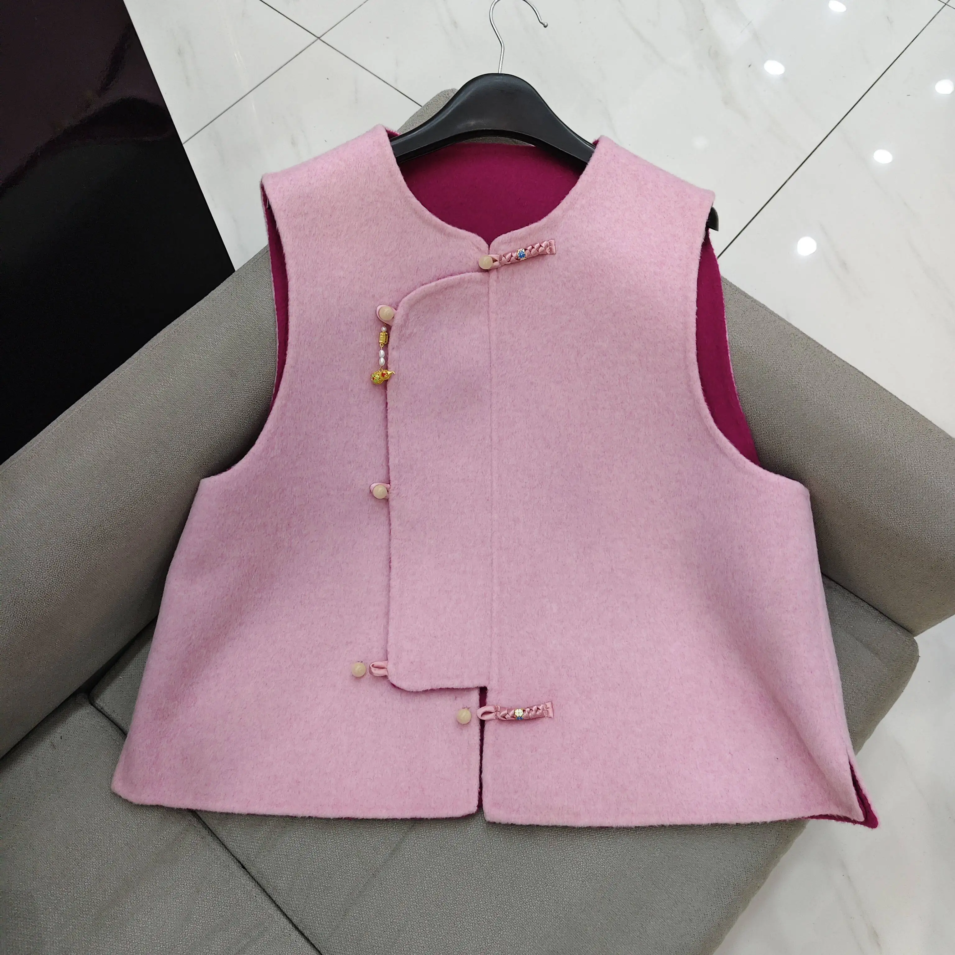 Women 2026 New Luxury New Chinese Style Double Faced Wool Waistcoat Frog Button Sleeveless Stand Collar Relaxed Wool Vest