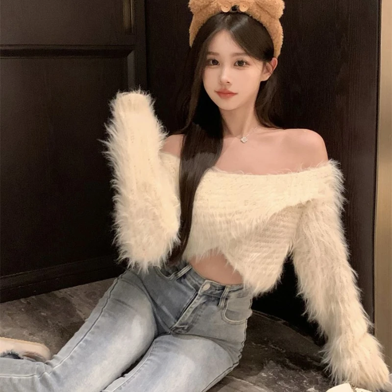 Slash Neck Pullover Women Long-sleeve Fluffy Crop Tops Knitting Velvet Slim Hotsweet Girlish Basic Soft Loose Chic Gentle Cozy