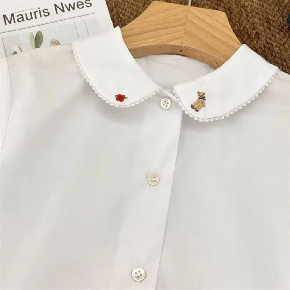 

Autumn kids girls clothes Cartoon teddy bear pattern embroidered lapel Girl doll collar white shirt Sweet base shirt top
