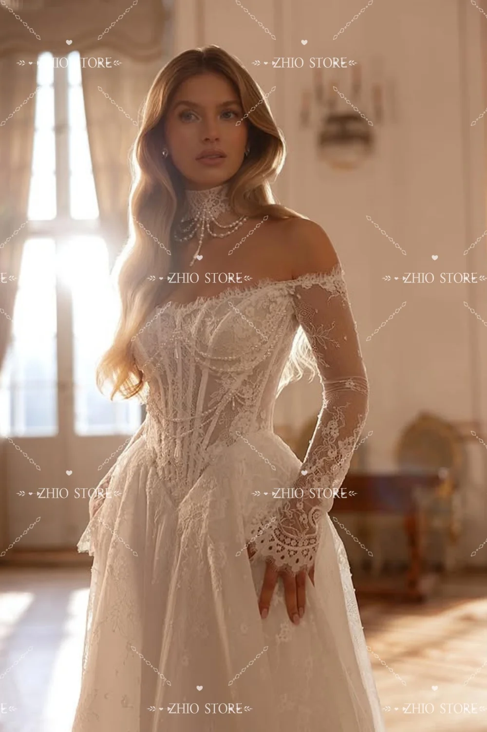 ZHIO Customized White Pearl Off the Shoulder Lace Wedding Dress Sweep Train vestidos de noiva Formal Evening 2026