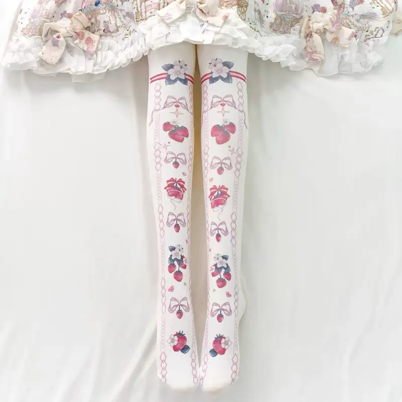 

Sweet Lolita Strawberry Print Tights Kawaii Bow Pattern Pantyhose for Women Cute Girls Soft Bottom Socks