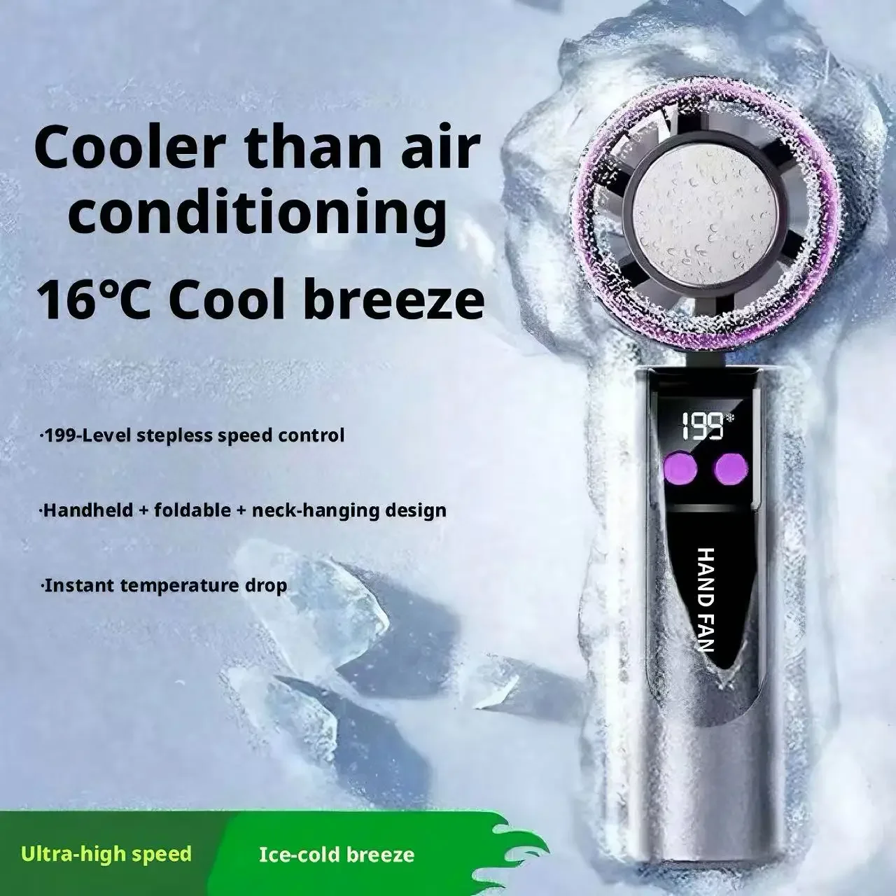Hand Fan Foldable Pocket Portable Air Cooler 199 Speed Digital Screen Low Noise Long Lasting Battery For Camping Commute Travel