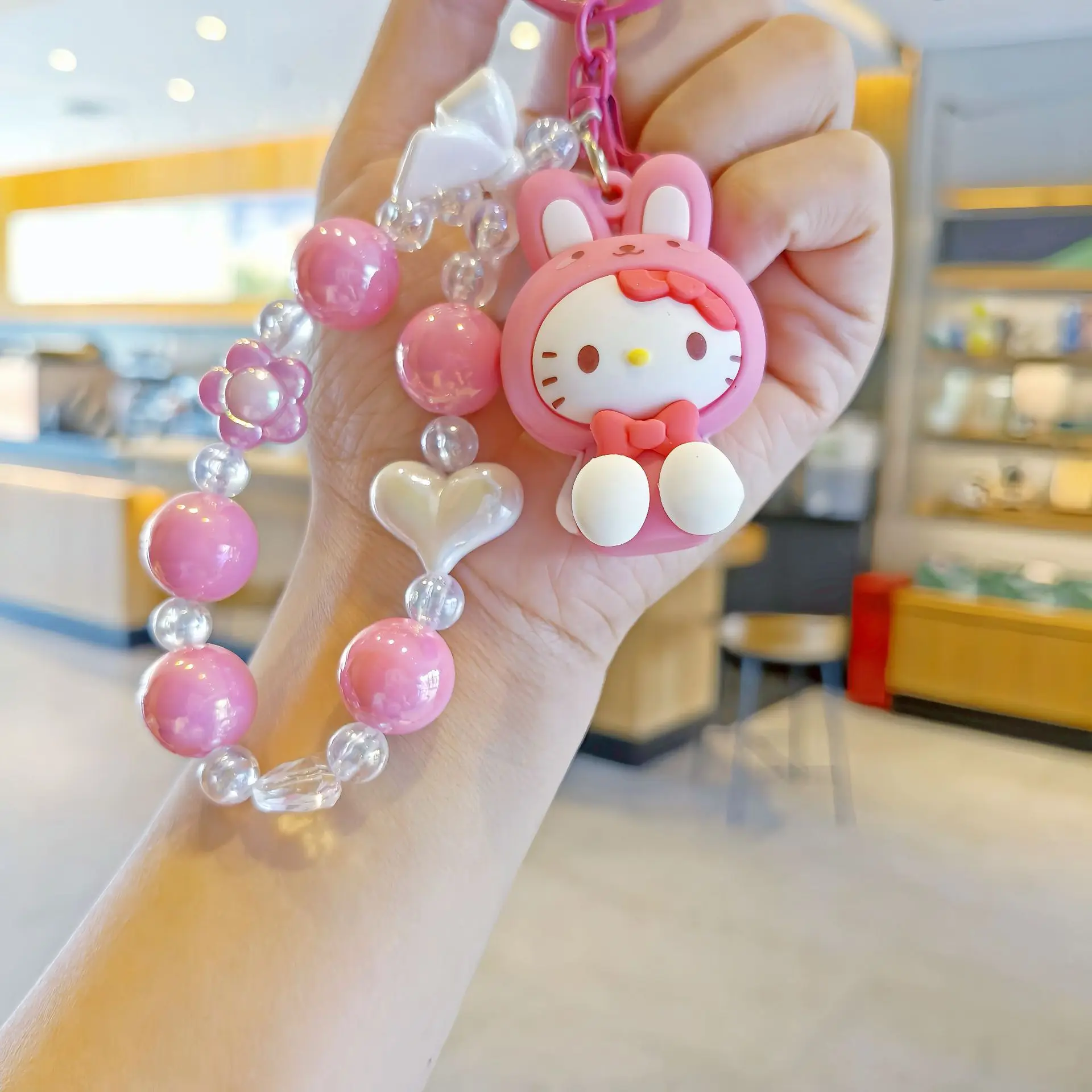 Sanrio Mobile Phone Chain Keychain Cartoon Figure Love Beaded DIY Hand Made Girls Cute Bag Hanging Adornment Fashion Toys Gifts