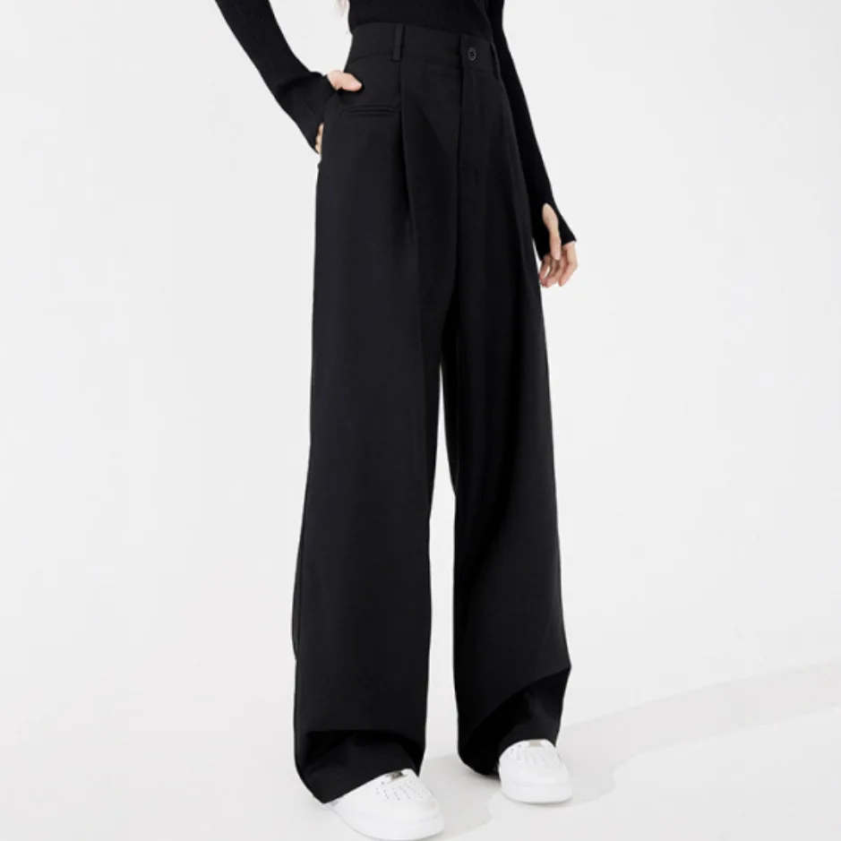 2025年新作通勤レトロブラックハイウエスト細身スーツストレートドレープモップワイドレッグヨーロッパとアメリカ