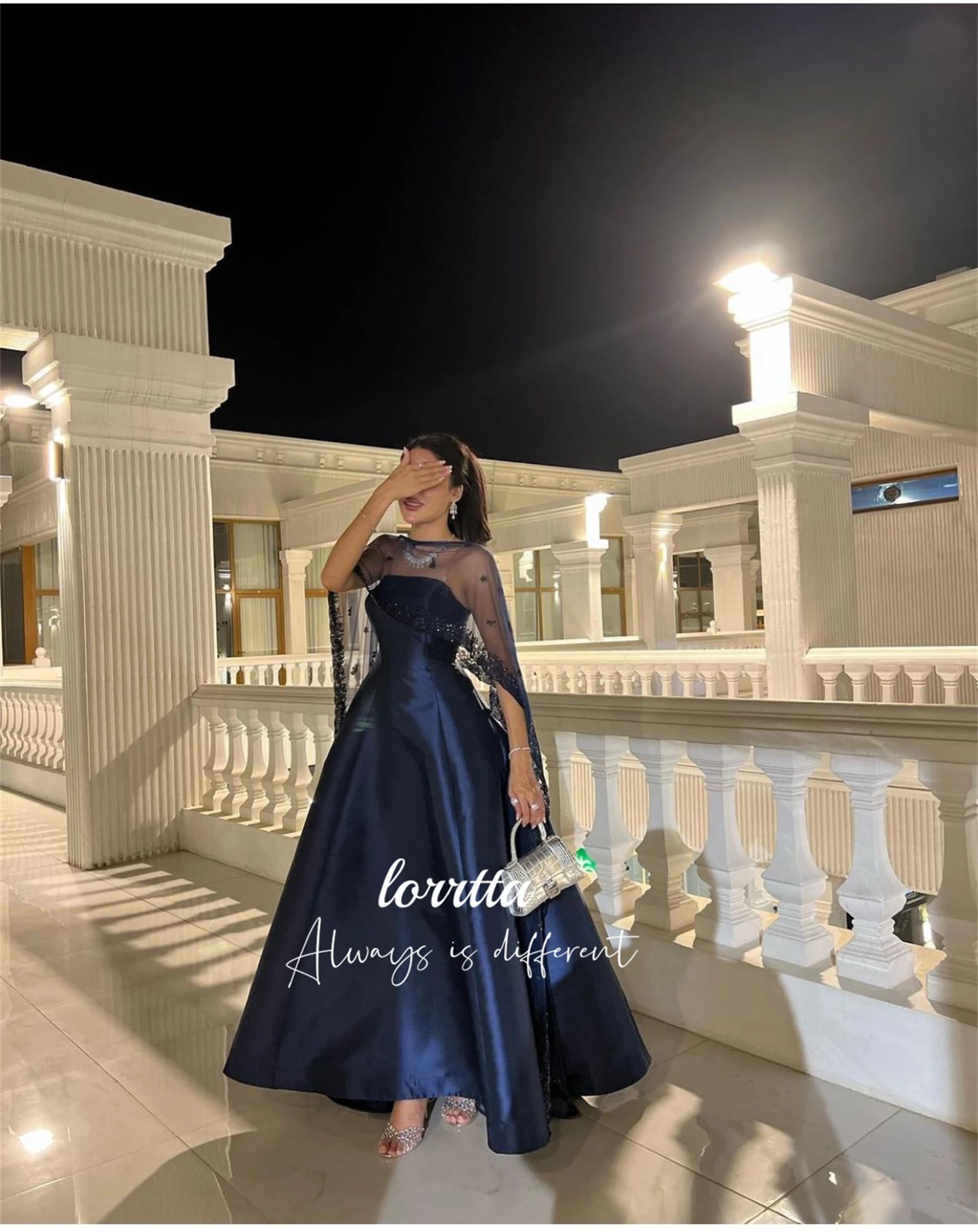 Grace Shawl Dark Blue Satin Evening Dress Party Birthday Dresses Luxury 2024 Ball Gowns Robes De Cocktail فساتين سهرة Customized