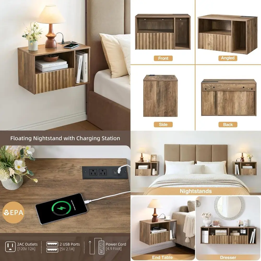 Rustic Modern Brown Fluted Nightstand with Charging Station, Drawers, USB Ports & Outlets, Right-Side Bedroom Furniture
