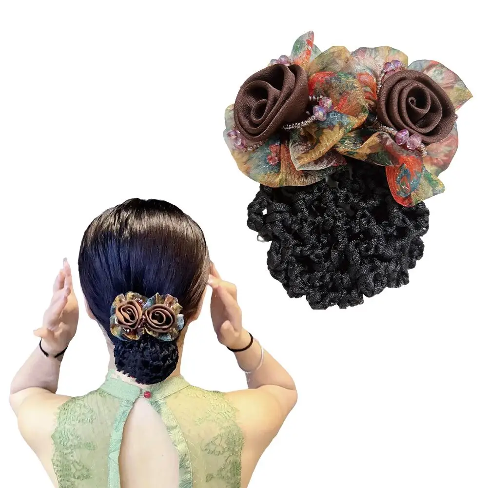 Elegant Mesh Flower Crystal Bun Snood Spring Clip For Women Nurse Flight Attendant Hair Clip Hairnet Cover Hairpins Girl Bu S8T2