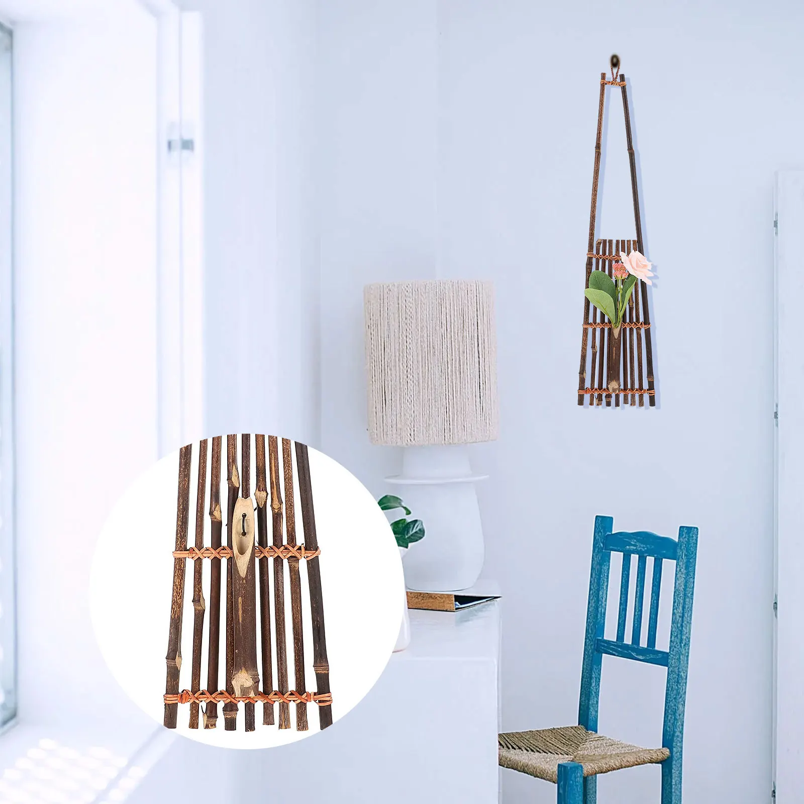 

1pc Zen Style Flower Vase Chinese Design Hanging Wall Ornament For Dried Flowers Bamboo Home Decor Living Room Decoration