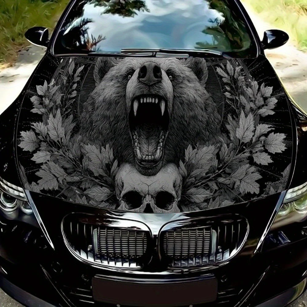 

Black Bear Roar and Skull Print PVC Car Vinyl Wraps, Self-Adhesive Waterproof Car Hood Decal Sticker, Car Decoration Protection