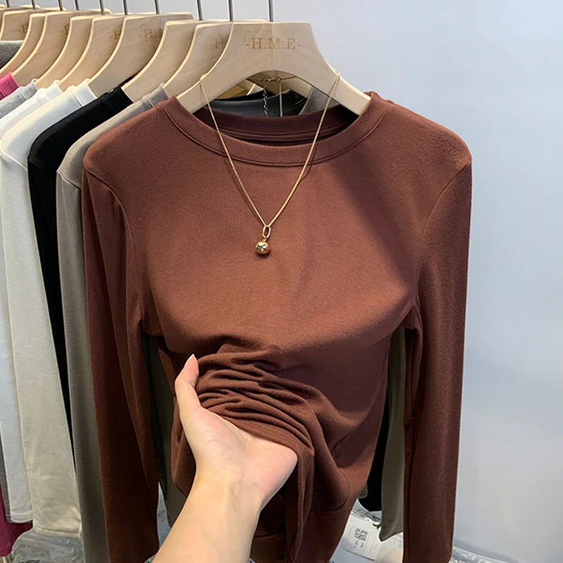 TuangBiang Winter Women Cotton Korean Slim Fit  Korean Version T-Shirt 2023 Solid Long Sleeve O-Neck Autumn Slim Fit Coffee Tops