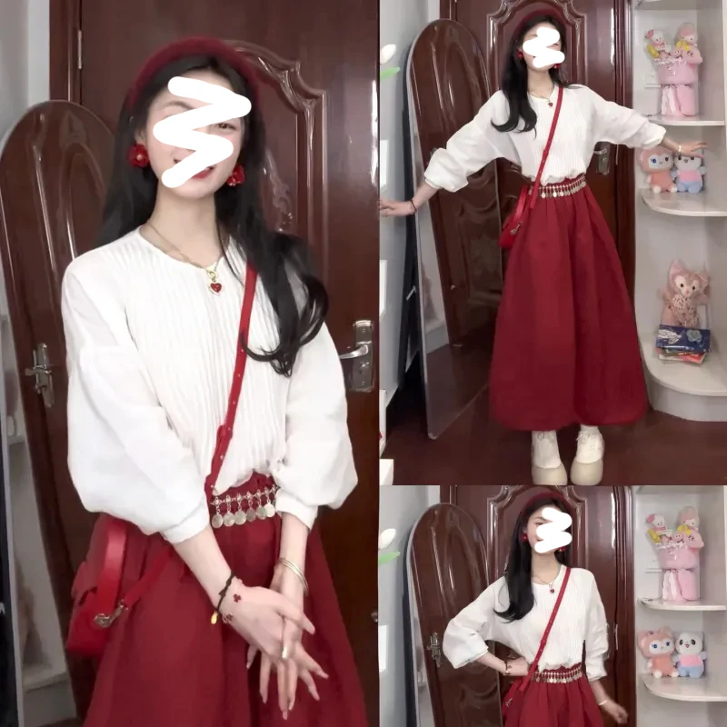 

Корейский круглый топ Ne irt, юбка-миди с высокой талией, комплект из двух предметов, модная красная универсальная осенняя коллекция Ele