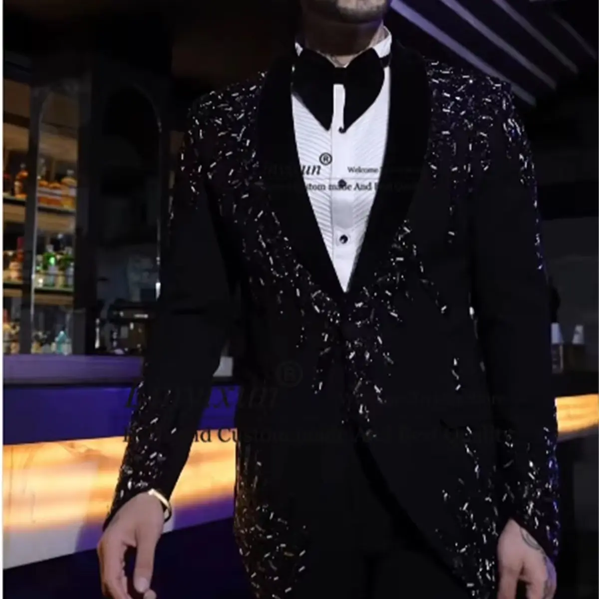 Sparkly Beaded Crystals Men Suits 2 Pieces Sets Groom Wedding Tuxedos Customized Male Prom Party Blazer Slim Fit ropa hombre
