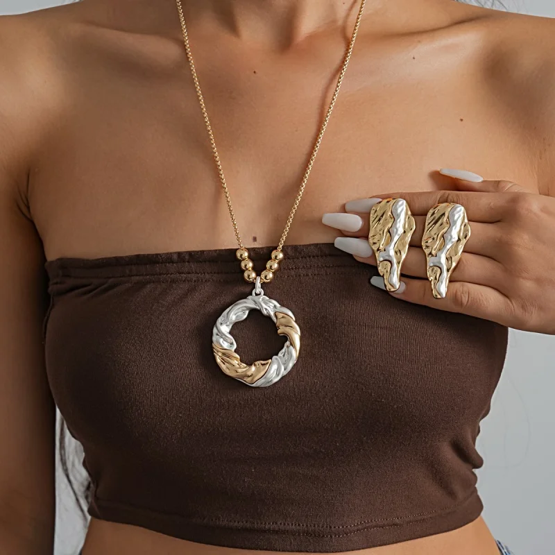 Two Tone Gold Silver Molten Texture Circle Necklace Irregular Contrast Metal Stud Earrings Jewelry Set for Women Abstract Sculpt