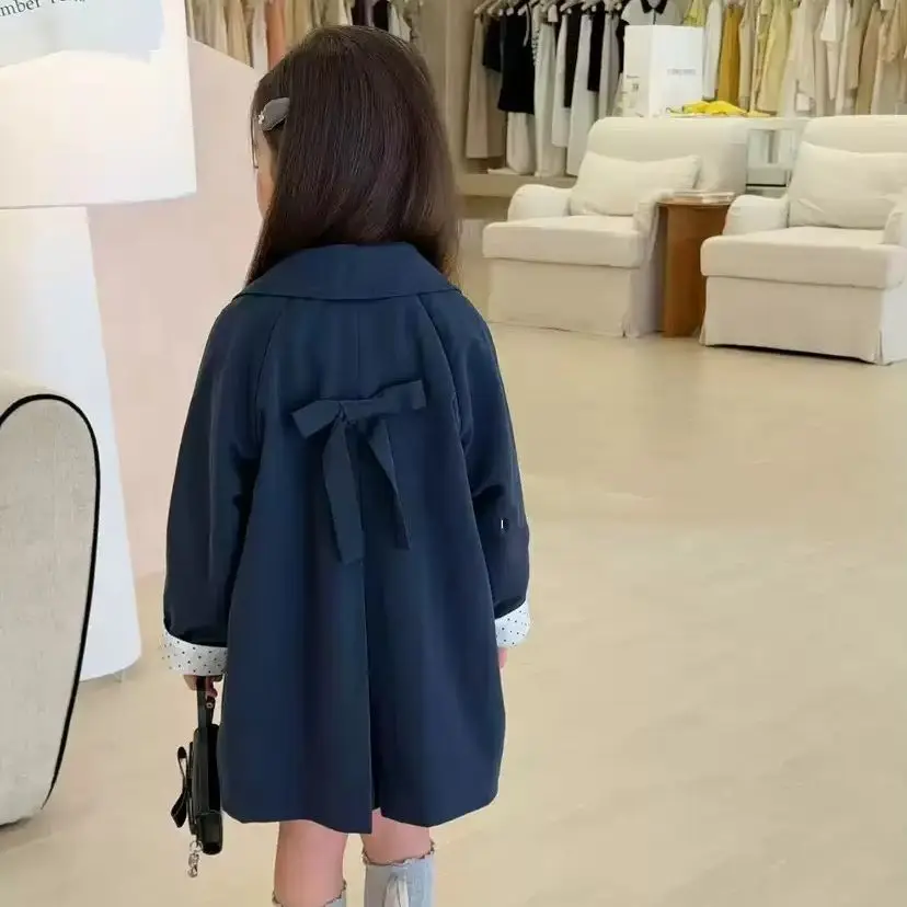 Baby Girls Trench Coat Spring Autumn New Fashion Kids Solid Color Lapel Bow Windbreaker Children Clothing