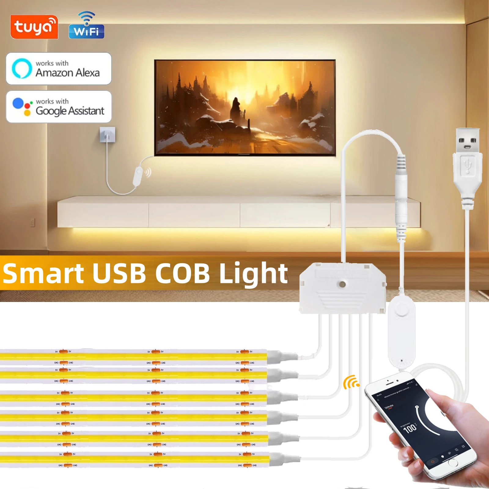 

Tuya WiFi COB LED Strip Tuya Smart Life APP Control Dimmable LED Strip Light 5V USB 320LEDs Linear Light Wall Kitchen Cabinet