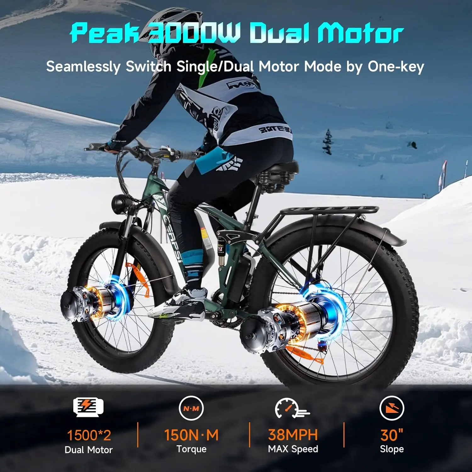 26 بوصة الكبار دراجة جبلية كهربائية 3000 واط محرك مزدوج Ebike الدهون الإطارات دراجة كهربائية 7 سرعات دراجة كهربائية بطارية 48 فولت 25AH #4