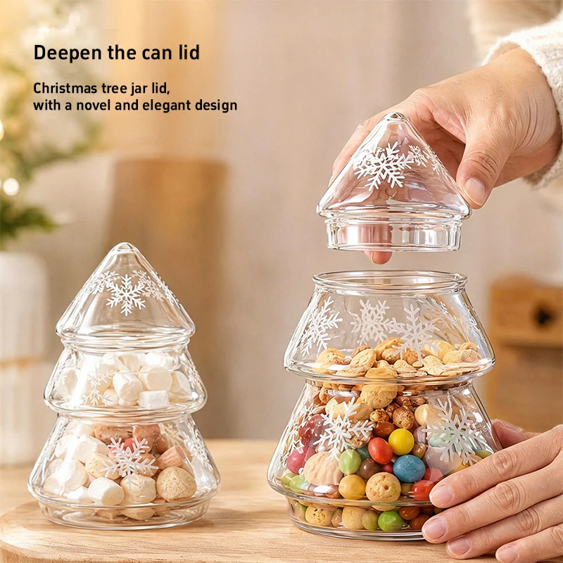 Elegant Glass Christmas Tree Storage Jar Snowflake Lid Decorative Clear Candy Cookie For Home Decor Holiday Kitchen Display