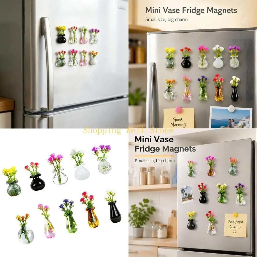 KX4B Appealing Glass Container Refrigerator Magnets In Group Of 10 With Pretty Synthetic Flowers