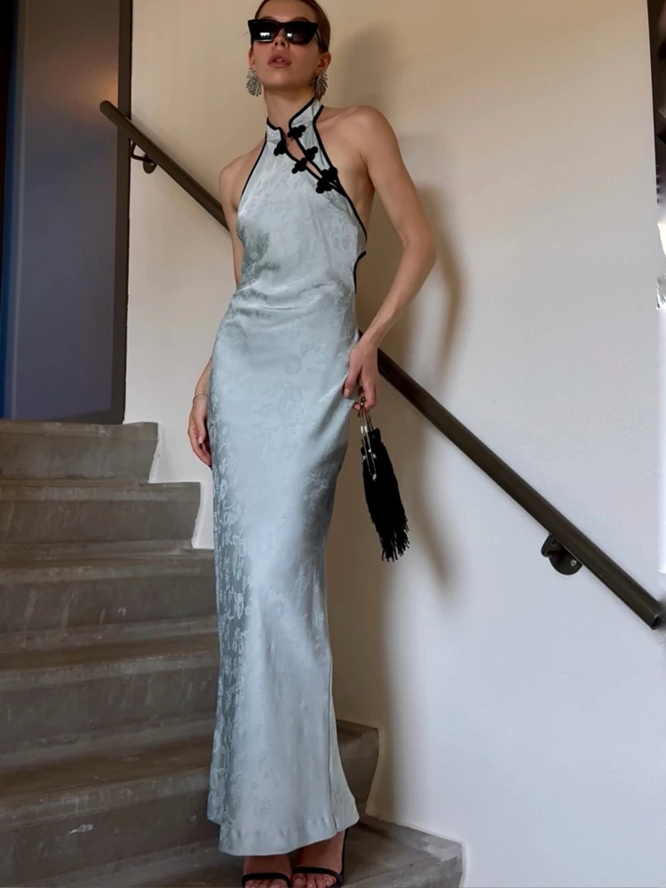 Damen Satin Neckholder-Kleid Sommer Sexy Rückenfreies Schlitz-Midikleid für Frauen Rückenbindung Schlankmachendes Kleid Elegante Party-Abendkleider