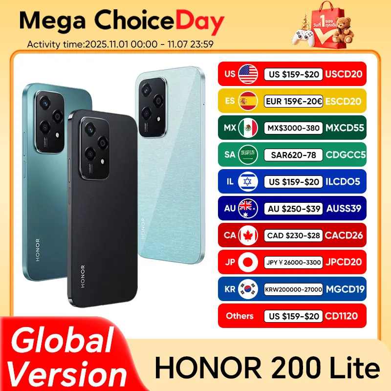 HONOR 200 Lite 글로벌 버전 5G 스마트폰 Mediatek Dimensity 6080 6.7인치 90Hz AMOLED 디스플레이 108MP 메인 카메라