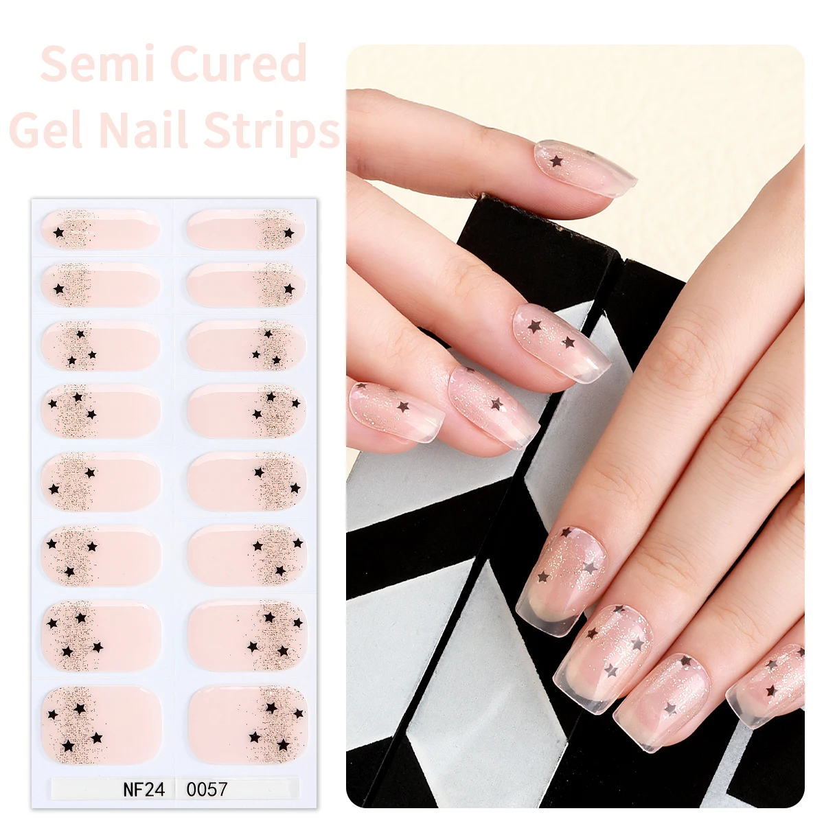 Bandes d'autocollants pour ongles en gel semi-durci, brillant, ciel étoilé, paillettes dégradées, couverture complète, longue durée, curseurs pour ongles, 16 pointes