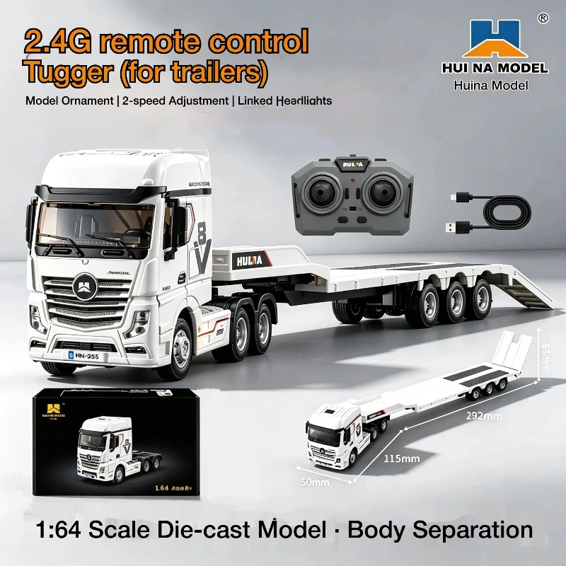 Huina 1/64 Scale Mini RC Flatbed Trailer, 2.4G 12CH Alloy Remote Control Desktop Engineering Truck Model, Hobby Toy for Boys