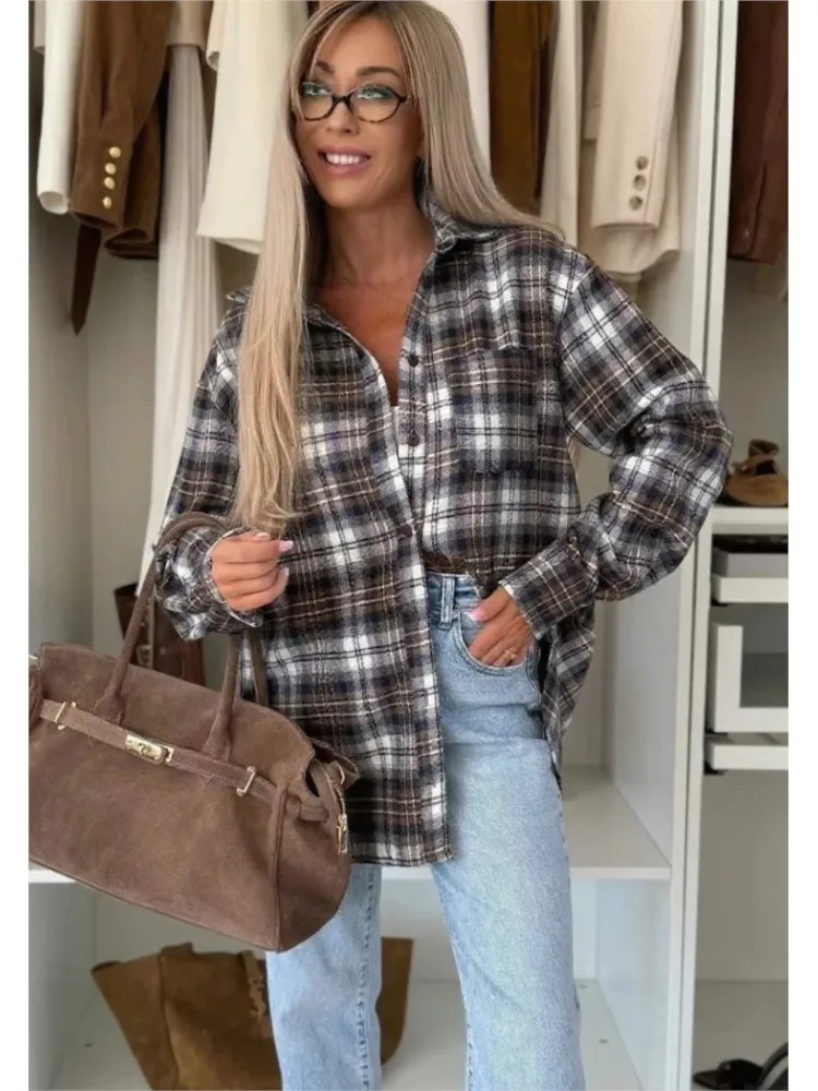 

Spring Fall Casual Plaid Shirt for Women's Loose Lapel Buttons Coat Full Sleeve Cozy Blouse Khaki Vintage Tops Female Streetwear