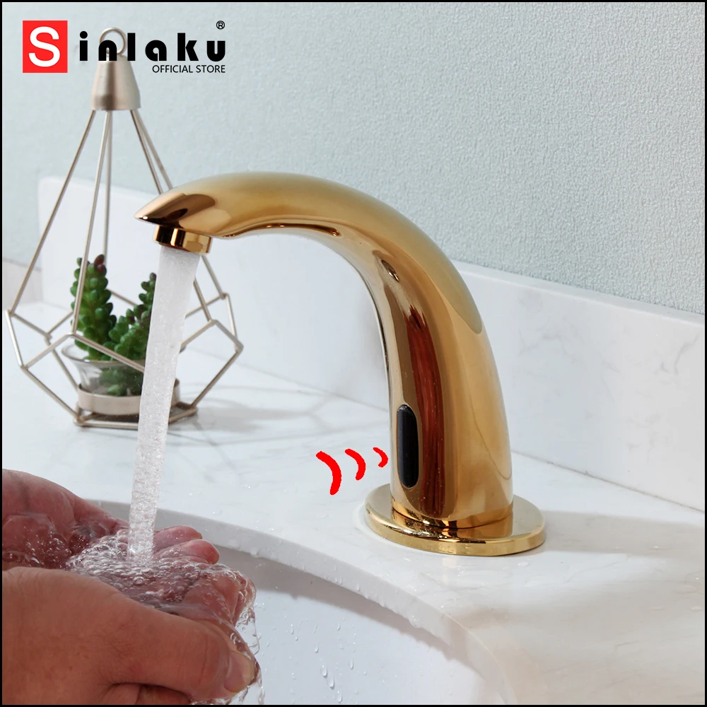 SINLAKU Golden Plated Bathroom Basin Automatic Sensor Faucet Deck Mounted Touch Free Quick Open With Hot Cold Water Mixer Taps