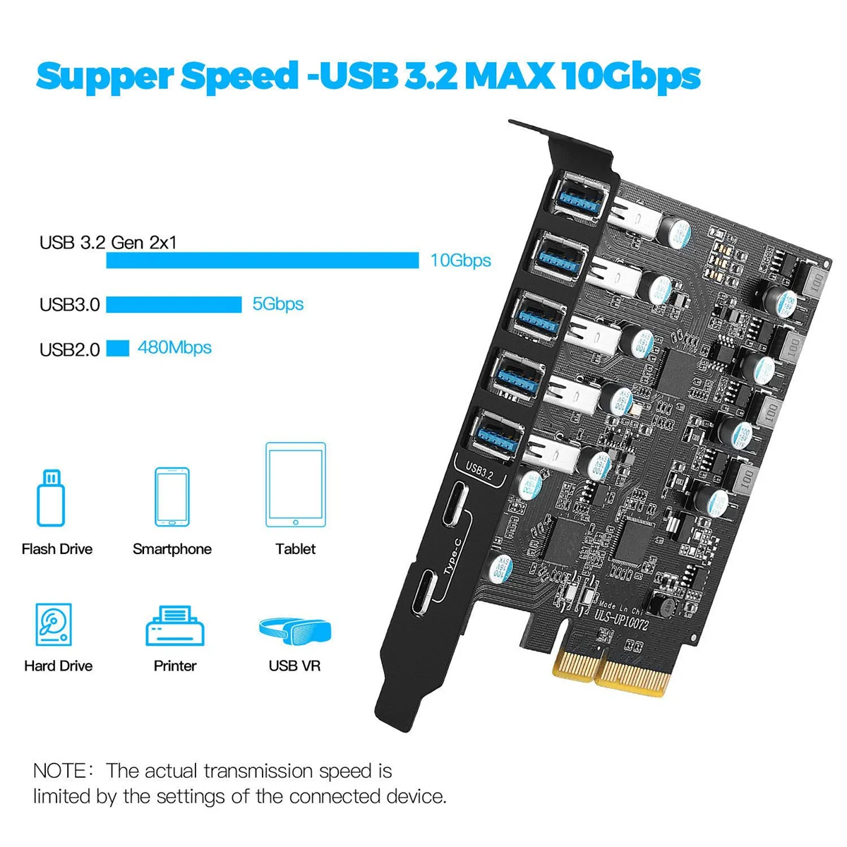 7 Ports PCI-E to USB 3.2 Type Card Gen 2 Adapter with 20 Gbps Bandwidth Expansion Card for Desktop