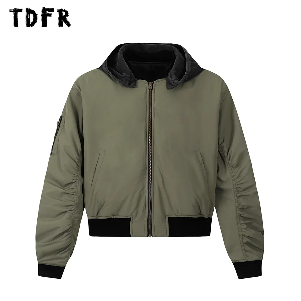 Double-sided Ma-1 Bomber Jacket Mens Safari Style Winter Thick Pleated Sleeves Hooded Padded Jacket Men