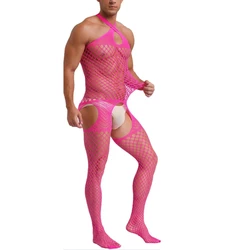 Hot Pink Jumpsuit for Men Open Crotch Bodystockings See Through Cutout Bodysuits Husband Nightwear Sexy Fetish Male Clothes