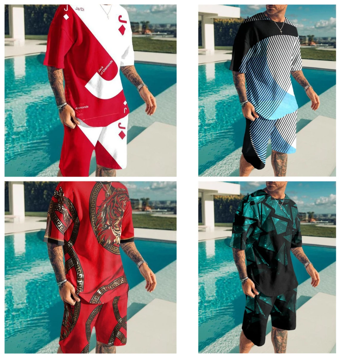 

25-26 летний хит продаж, модный тренд, роскошный костюм с 3D принтом, американская уличная дышащая быстросохнущая футболка, комплект с шортами