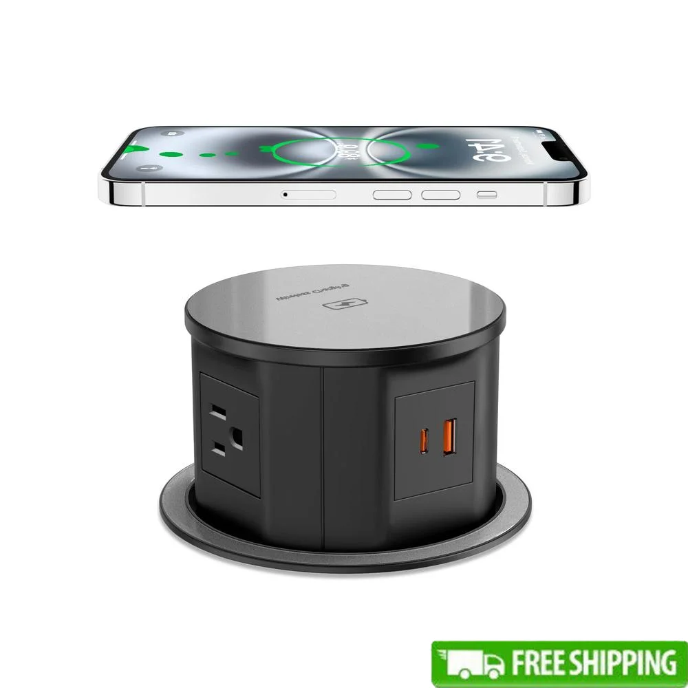 Pop Up Outlet with Wireless Charger 15W 4 AC Outlets & 20W PD USB Desk Hole Power Grommet 6FT Qi Wireless Charging Pad Automatic