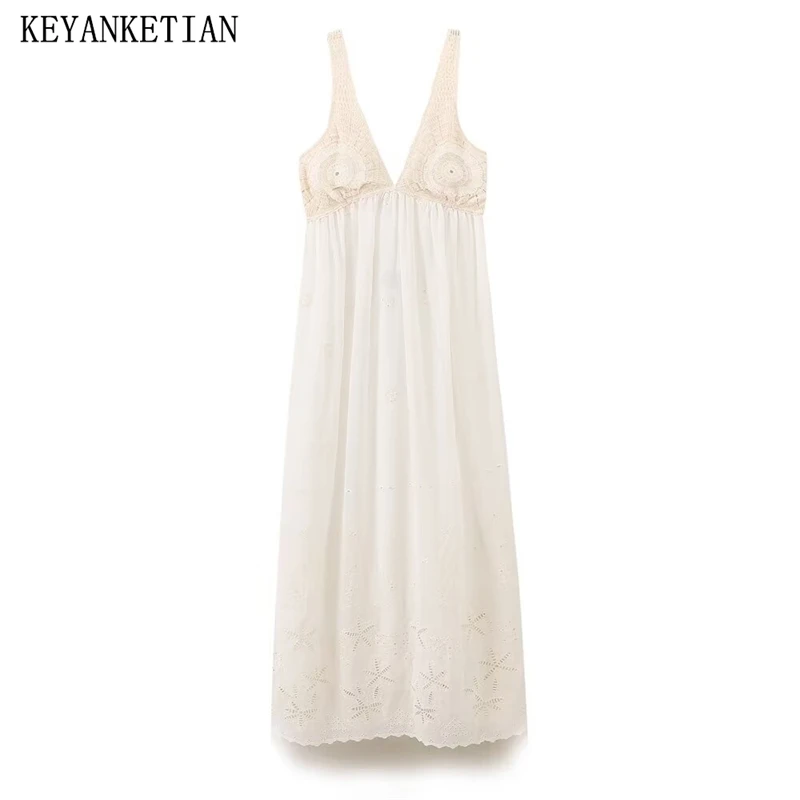 

KEYANKETIAN Summer New Women's V-neck Sleeveless Backless Crochet Crochet Plate Flower Splicing Embroidered Shoulder Strap Dress