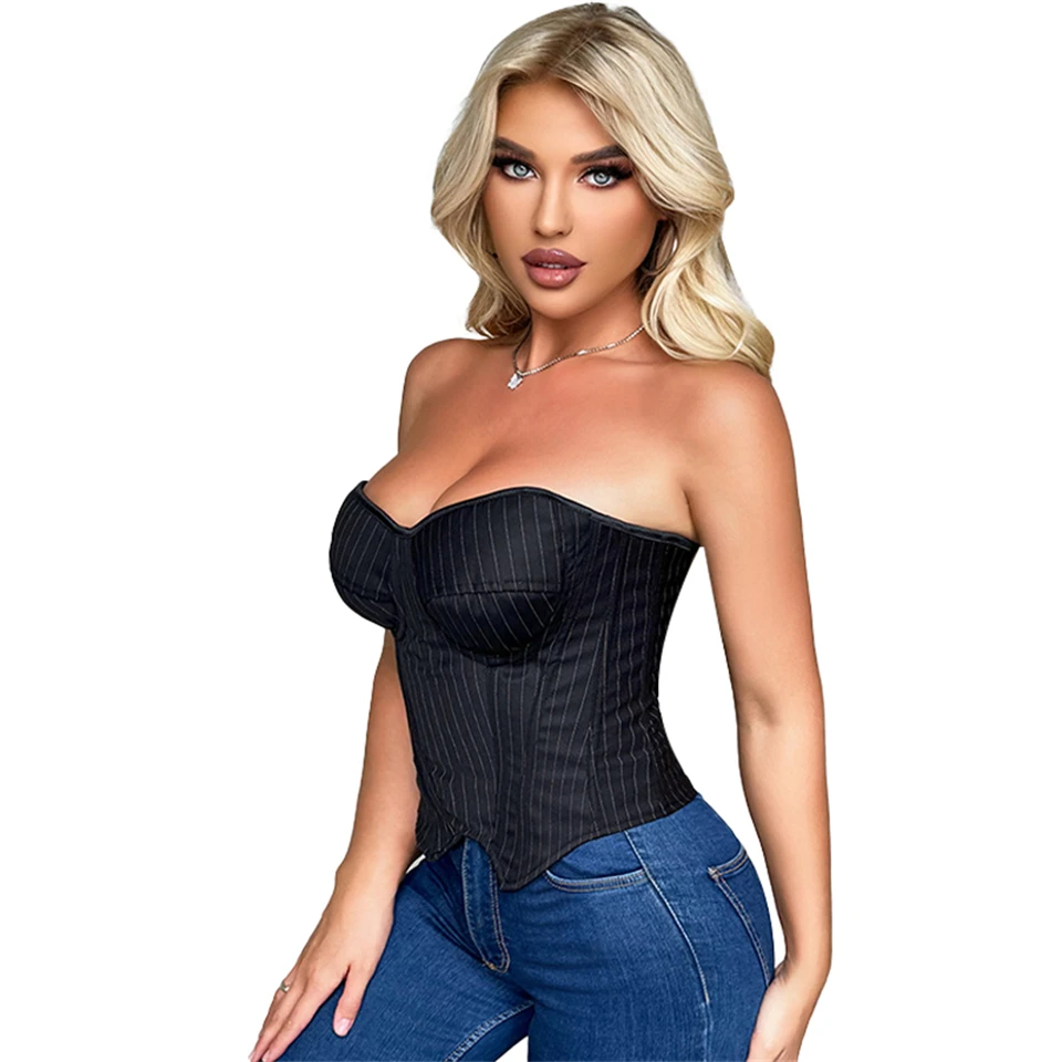 Becirzet Damen Overbust-Korsett mit Reißverschluss, gestreift, Schnür-Bustier, Taillenformer, Bauchkontrolle, Shapewear, Oberteil für Bürodamen – Detail 6